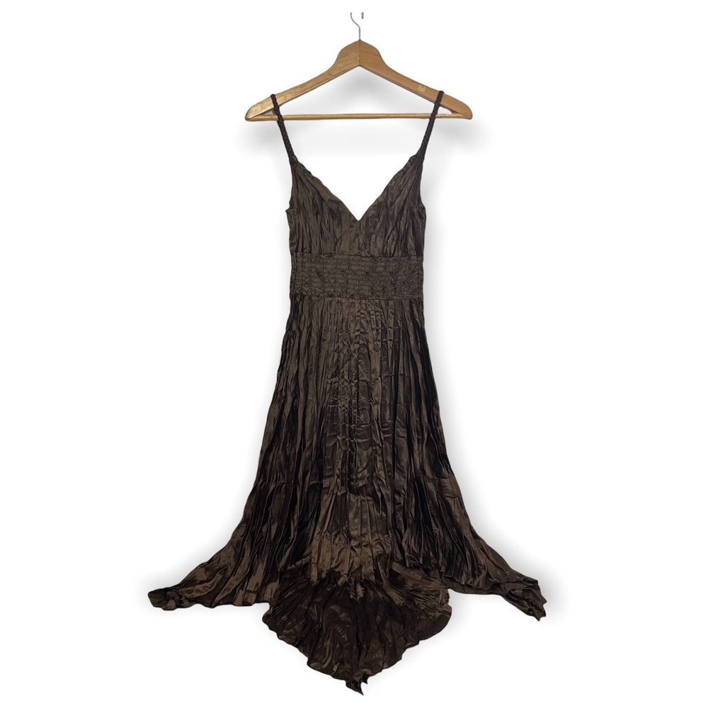 Express Brown Satin Pleated Handkerchief Hem Goddess Slip Dress …